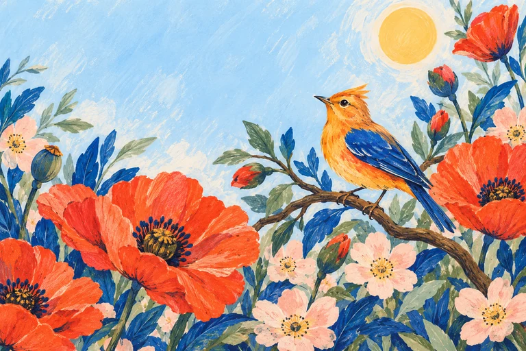 A golden lark among bright poppies, painted in gouache and coloured pencil